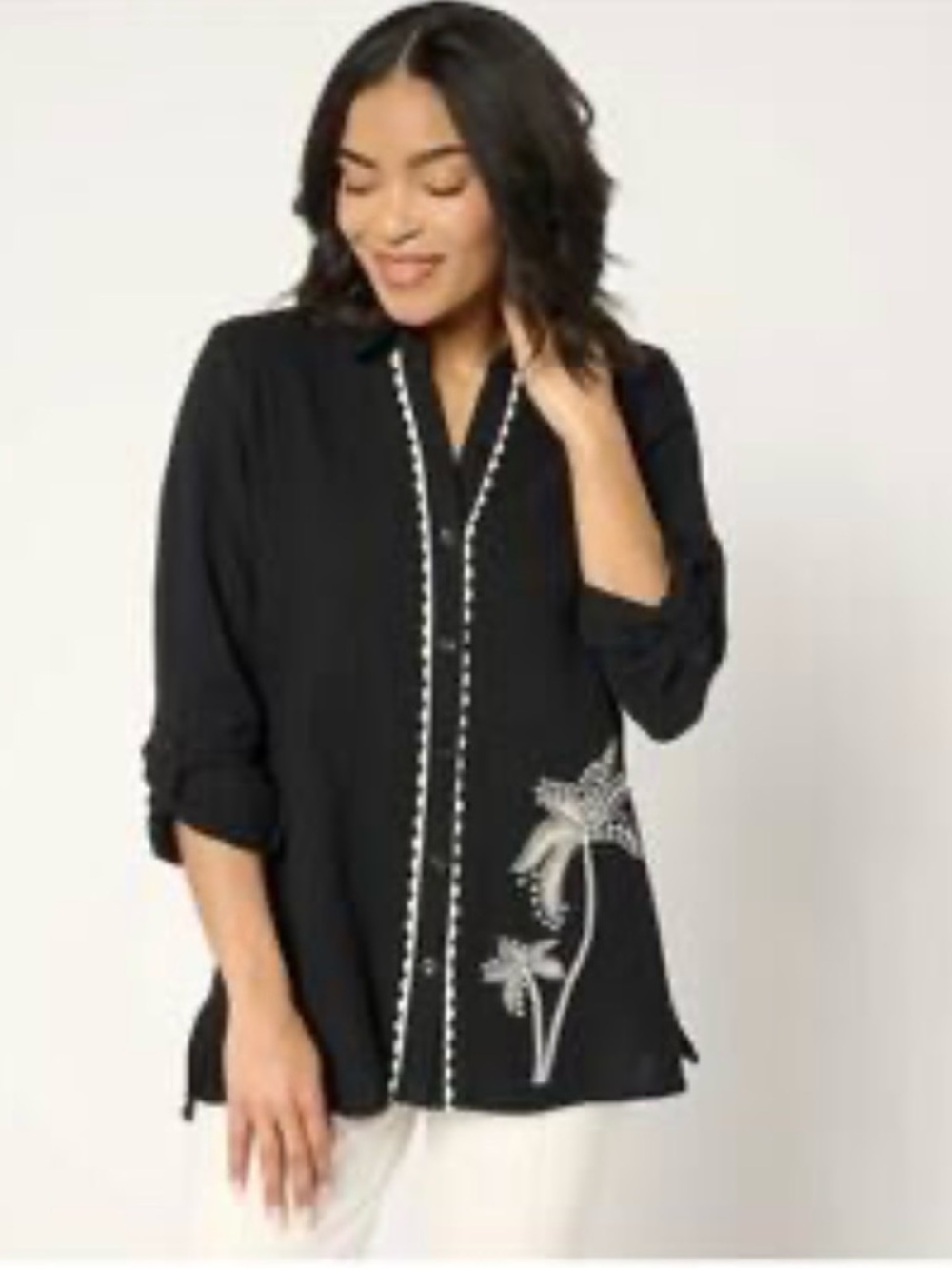 Susan Graver Black Tunic button up with cream Embroidered Detail